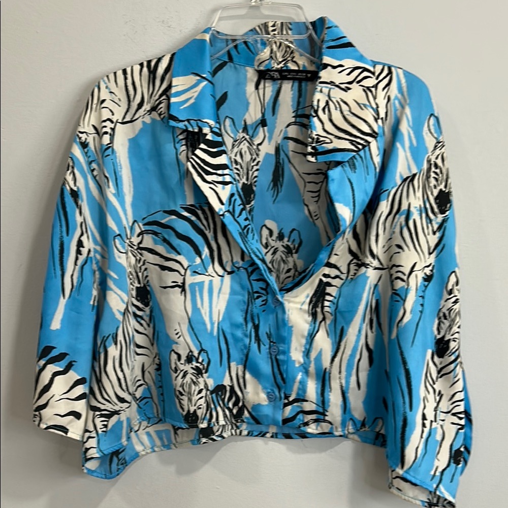 Zara Blue and White Button Down Crop Top